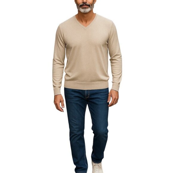 Lanvin Sweater Pullover Beige Tan Men's Medium Long Sleeve V-Neck Silk Cotton - Picture 1 of 5